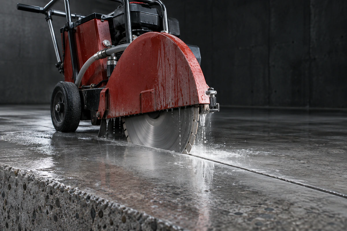 Beton döşemeyi düz bir hat boyunca kesen sulu kesim makinesi